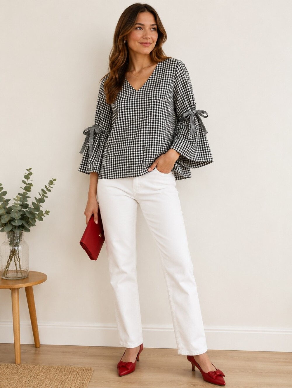 Ava & Viv Black and White Gingham Top Bow Accents Size 1X